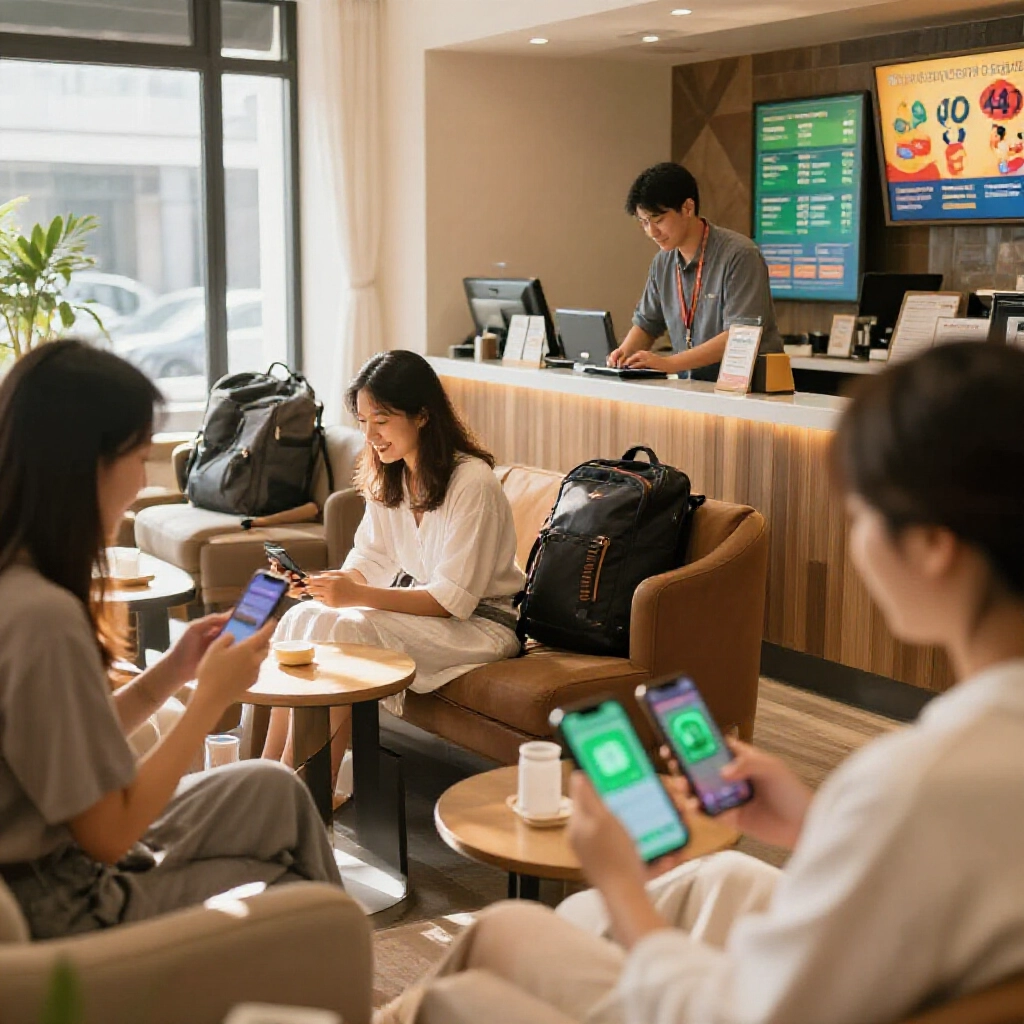 台灣銀行休息區陽光灑落,顧客滑手機比匯率,App 綠燈閃爍,櫃員幫忙旅遊包包,實用換匯氛圍
