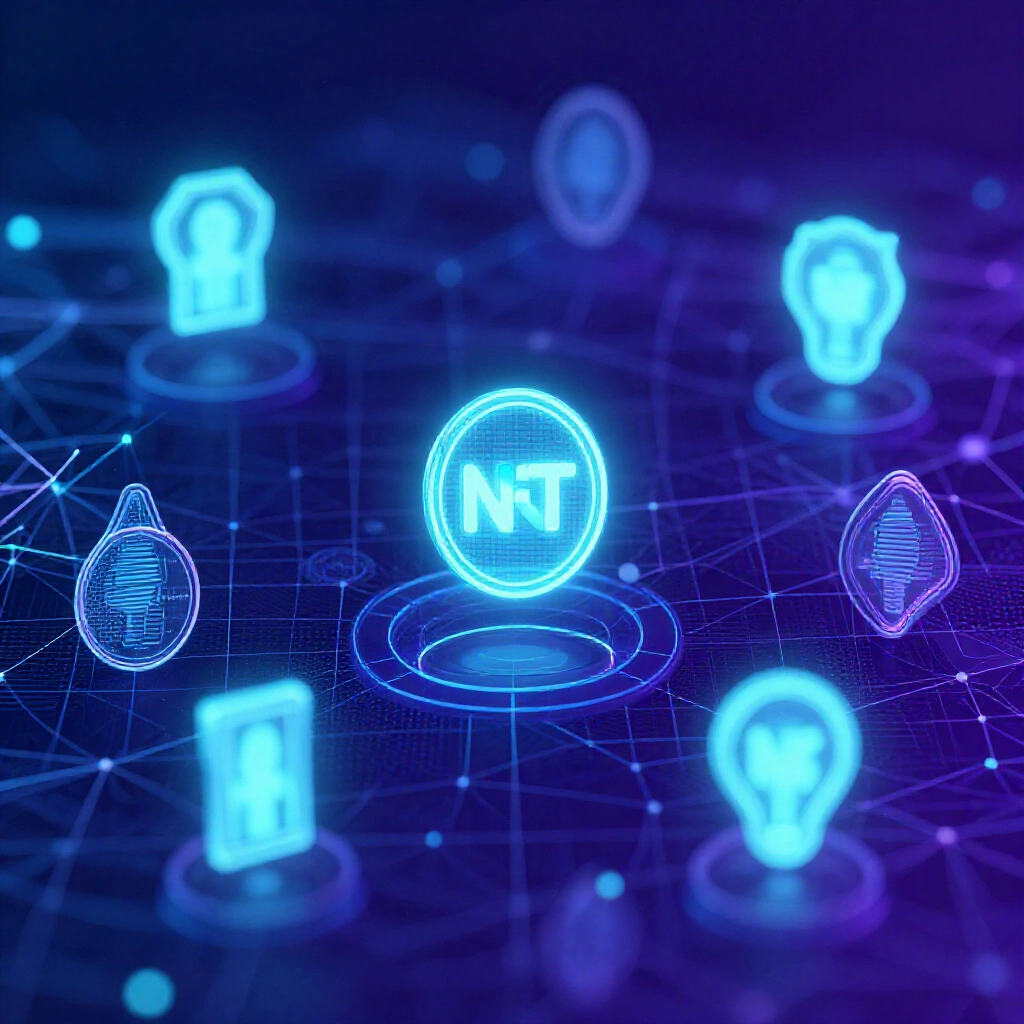 抽象數位場景,獨立發光物件資產如 NFT 在動態多執行緒網格間順暢轉移,青紫色調
