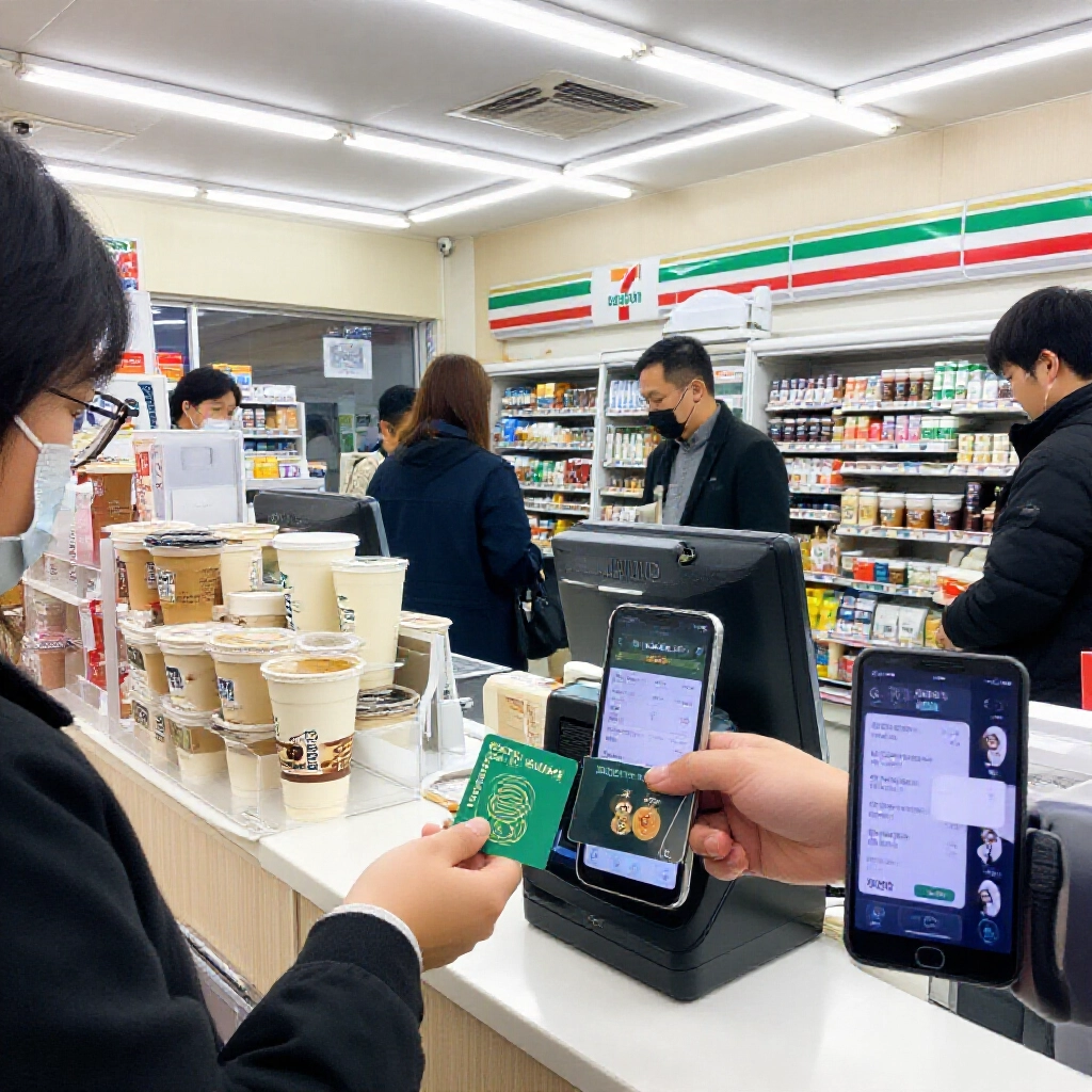 台灣便利商店內部，顧客在 7-11 櫃檯用加密卡買咖啡，行動 App 顯示 USDT 餘額，日常便利畫面