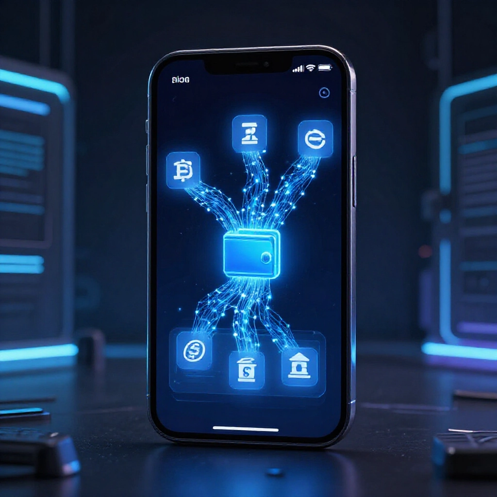 Pionex App 畫面顯示 USDT 透過藍色區塊鏈鏈條流向錢包與銀行圖標,科技感十足