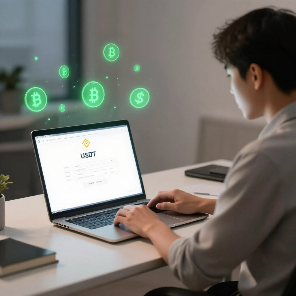 台灣投資人坐在現代辦公桌前，筆電顯示幣安出金畫面，將 USDT 轉到銀行，柔和燈光下安全氛圍，綠色加密圖示飄浮