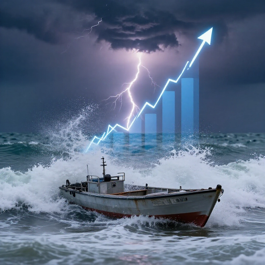 洶湧海浪衝擊槓桿小船，閃電風暴烏雲與波動率指標象徵帳戶歸零核心因素