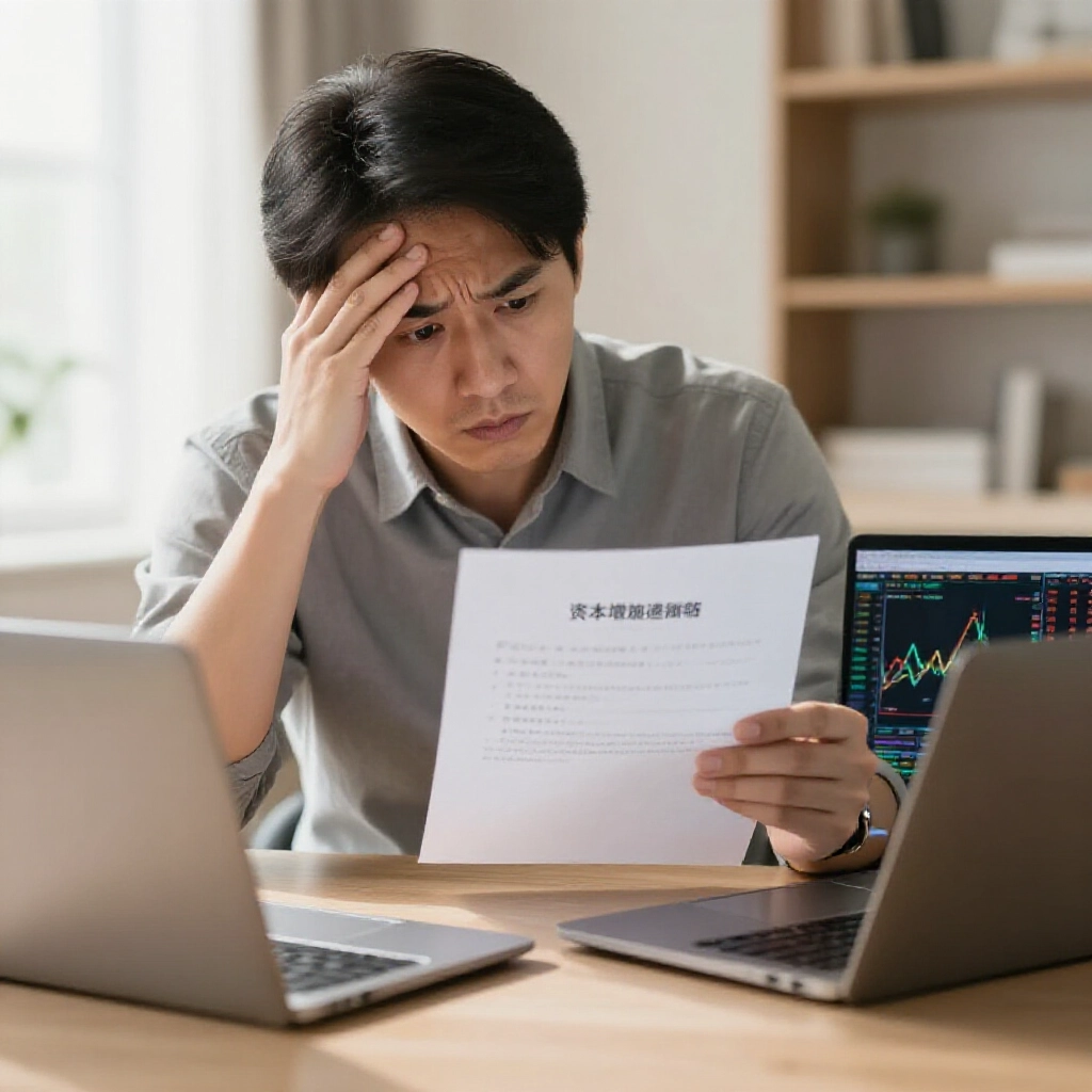 困惑的台灣投資人坐在現代居家辦公室,手持印有現金增資通知的紙張,盯著筆電螢幕上波動的股票圖表,柔和自然日光,溫暖中性色調,緊張決策氛圍