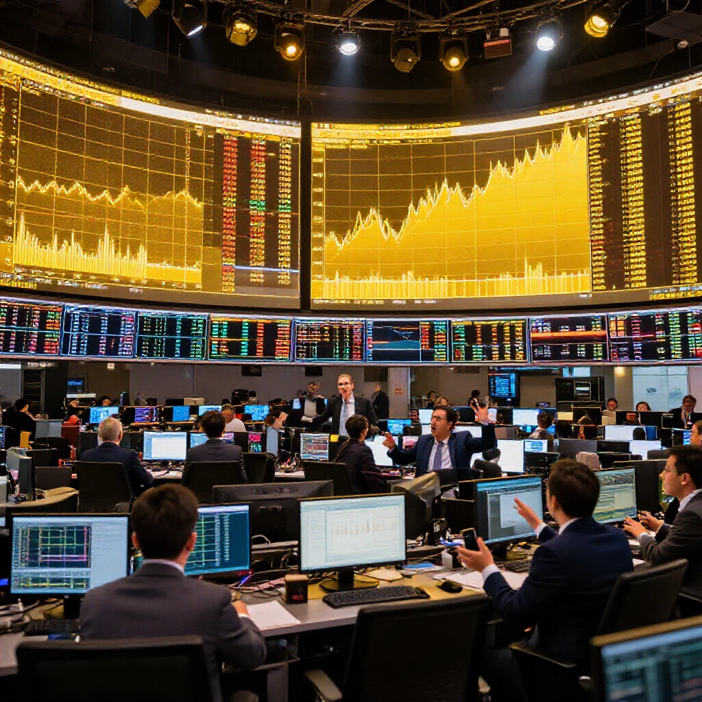 充滿活力的金融交易大廳，大型螢幕顯示波動的金價圖表，以金黃色調在聚光燈下呈現，交易員穿西裝專注討論