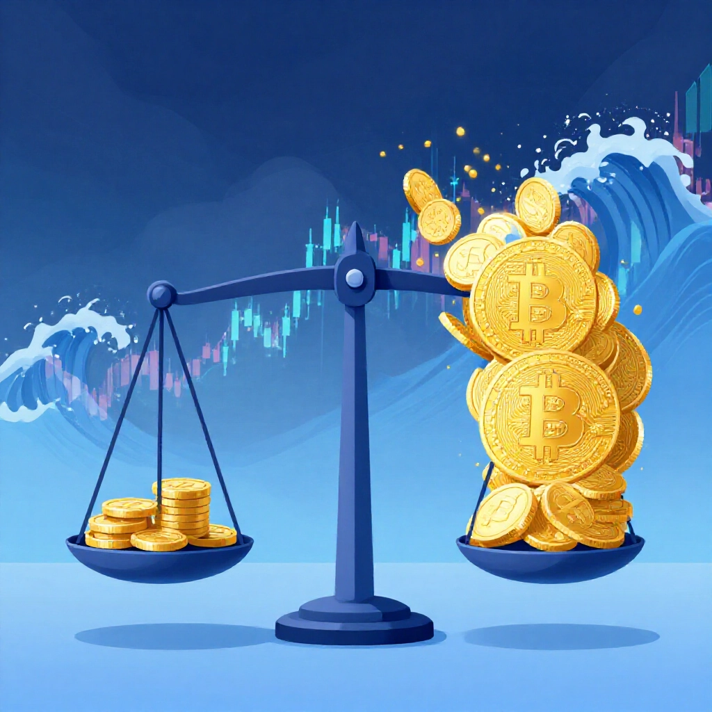 專業藍調天平，左側少量金幣標示初始保證金，右側龐大槓桿比特幣堆疊在風暴市場波浪中劇烈傾斜