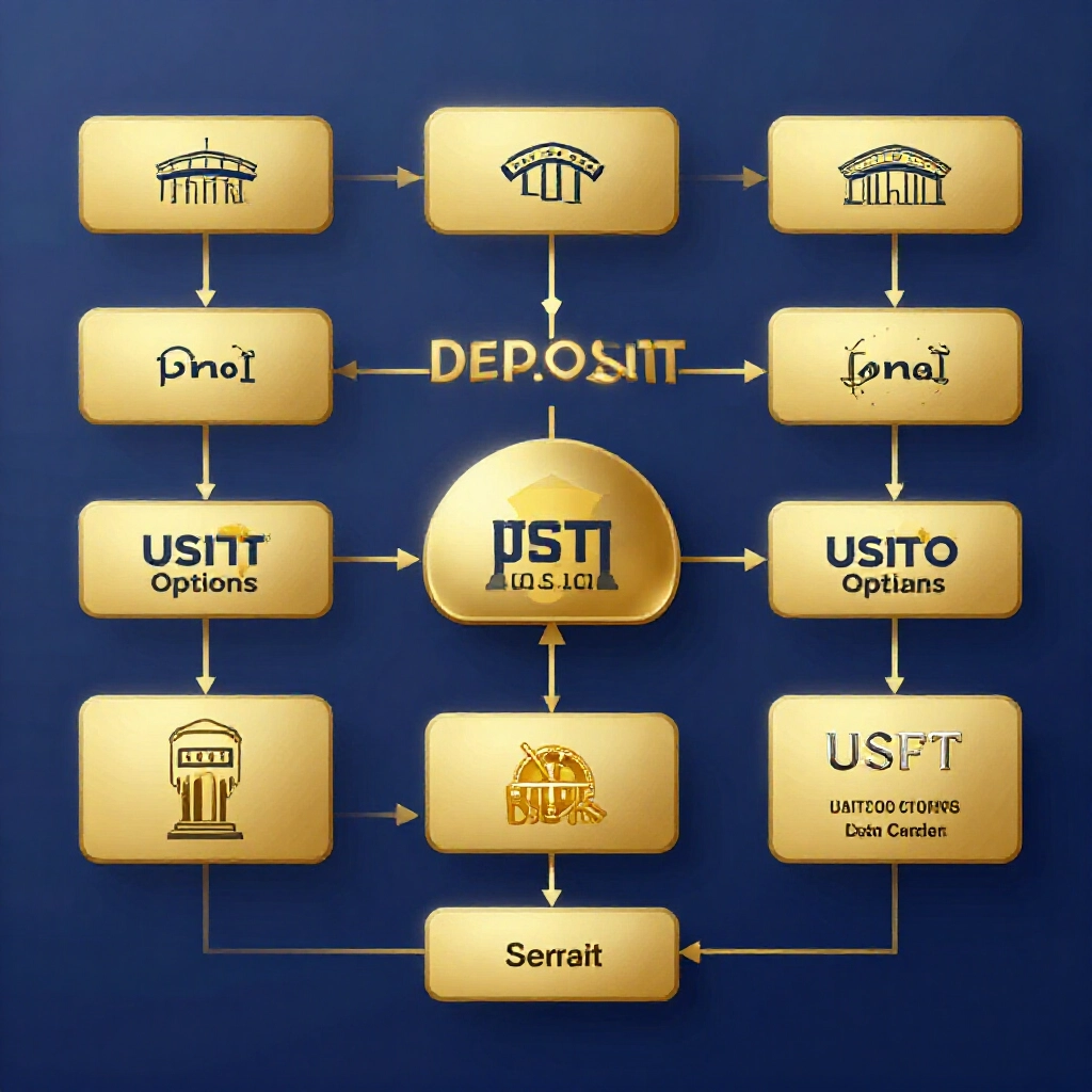 台灣專屬存款路徑流程圖，從銀行到 USDT 加密選項，安全金色與海軍藍線條專業氛圍