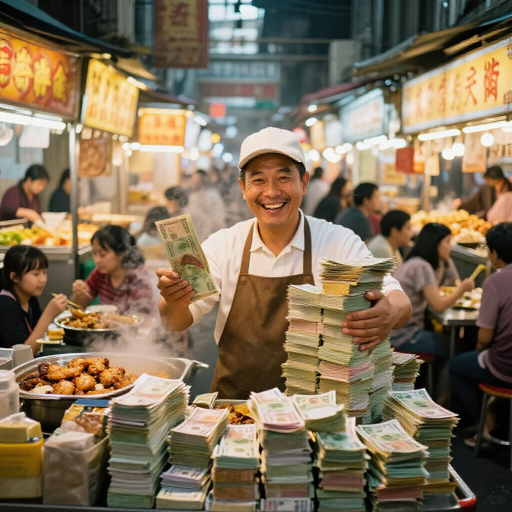 熱鬧台灣夜市雞排店,老闆喜悅堆疊現金盈餘,溫暖金黃燈光瀰漫熱騰騰食物香氣,快樂家庭享用美食,繽紛攤位充滿活力