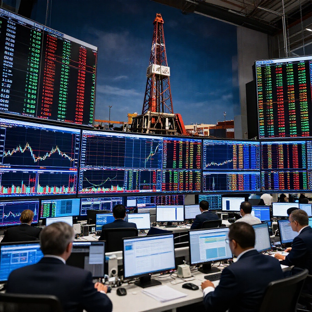 激烈交易廳場景，螢幕顯示 OPEC 圖表、美國頁岩鑽井機、庫欣庫存堆疊與上升美元符號，充滿動態能源流
