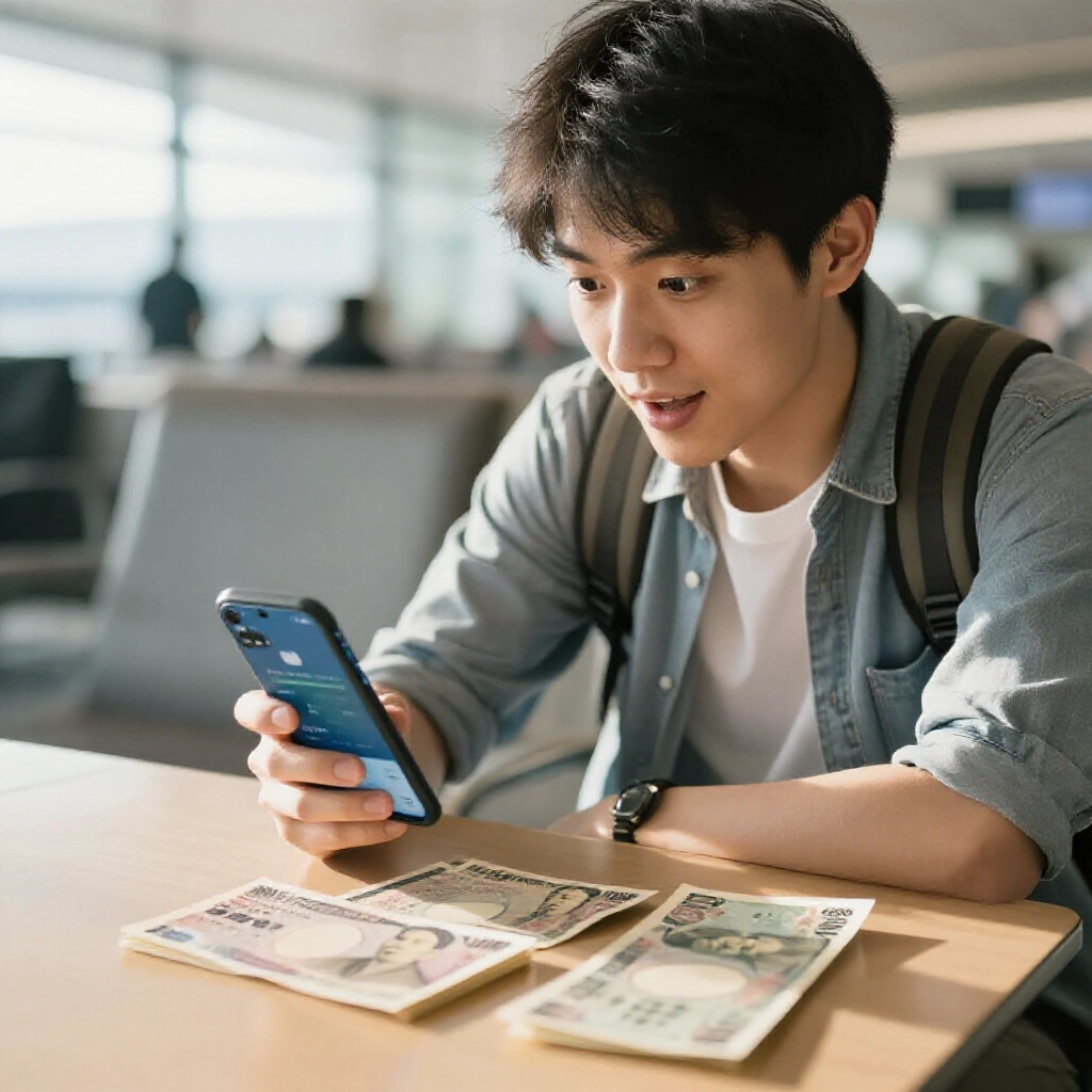 年輕台灣旅客在機場貴賓室查看手機匯率App，桌上放日幣鈔票與台幣，晨光柔和溫暖色調興奮表情