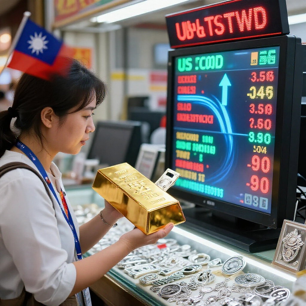 台灣投資人仔細檢視閃亮金條，旁邊貨幣兌換顯示USD/TWD匯率箭頭流動與台灣國旗元素，明亮市場燈光