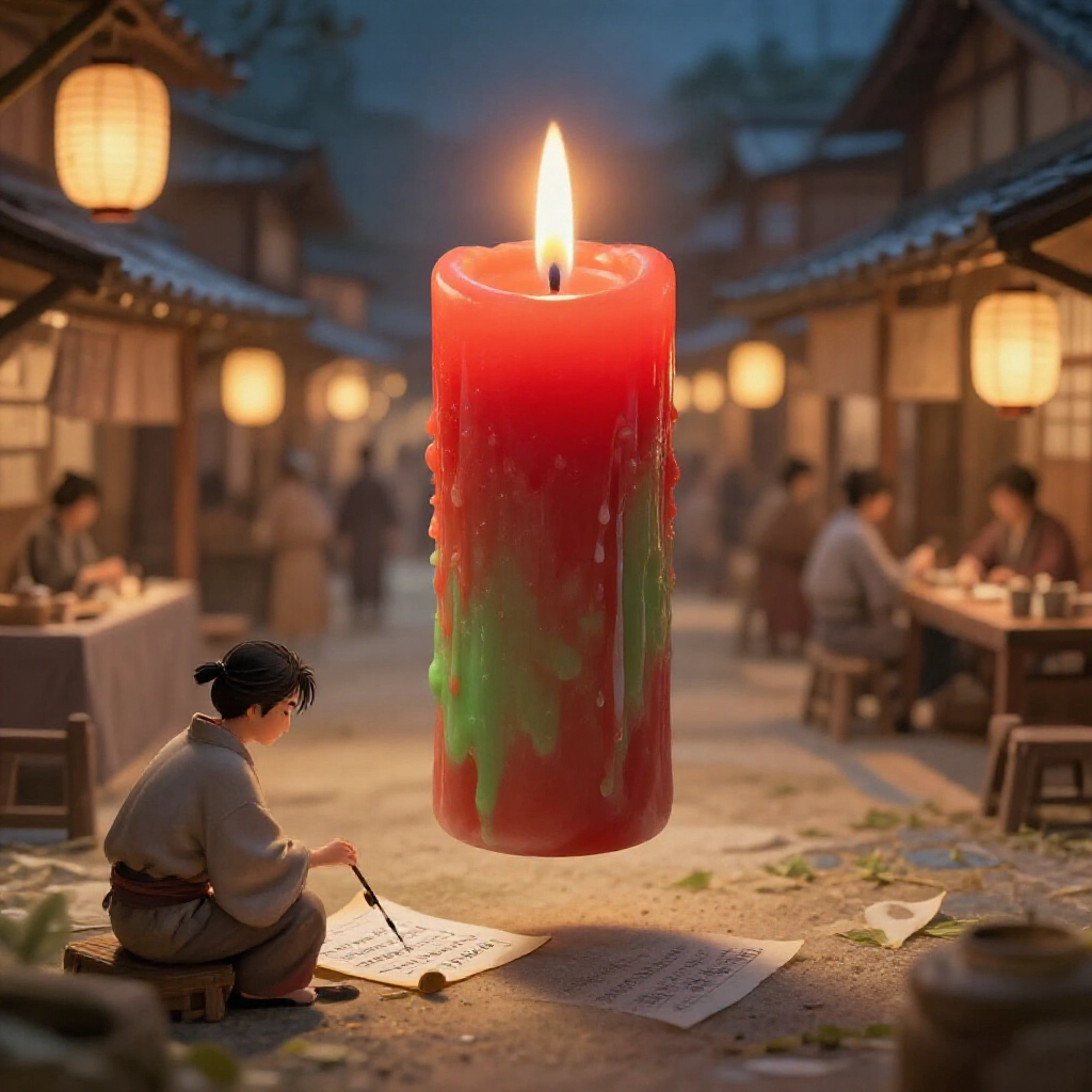 鮮豔紅綠K線浮現於古老日本米市場,商人於燈籠暖光下繪圖於捲軸,營造歷史交易氛圍