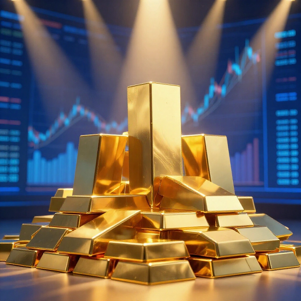 充滿活力的金條堆疊在溫暖聚光燈照亮的現代金庫中急劇上升，背景深藍色財務圖表發光