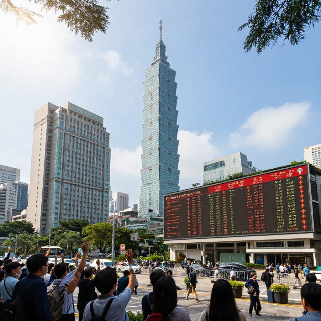 台灣天際線台北證交所螢幕上漲箭頭外資湧入抬升房價圖表當地投資者興奮