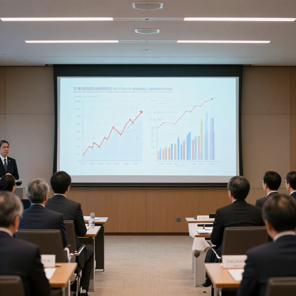 優雅會議室投影片顯示日本薪資談判與通膨指標，環繞西裝央行官員，柔和專業照明