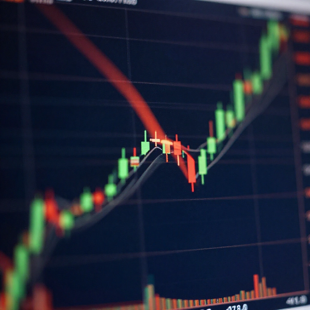 專業交易螢幕上綠紅K線收斂成向上楔形圖形,趨勢線微微發光