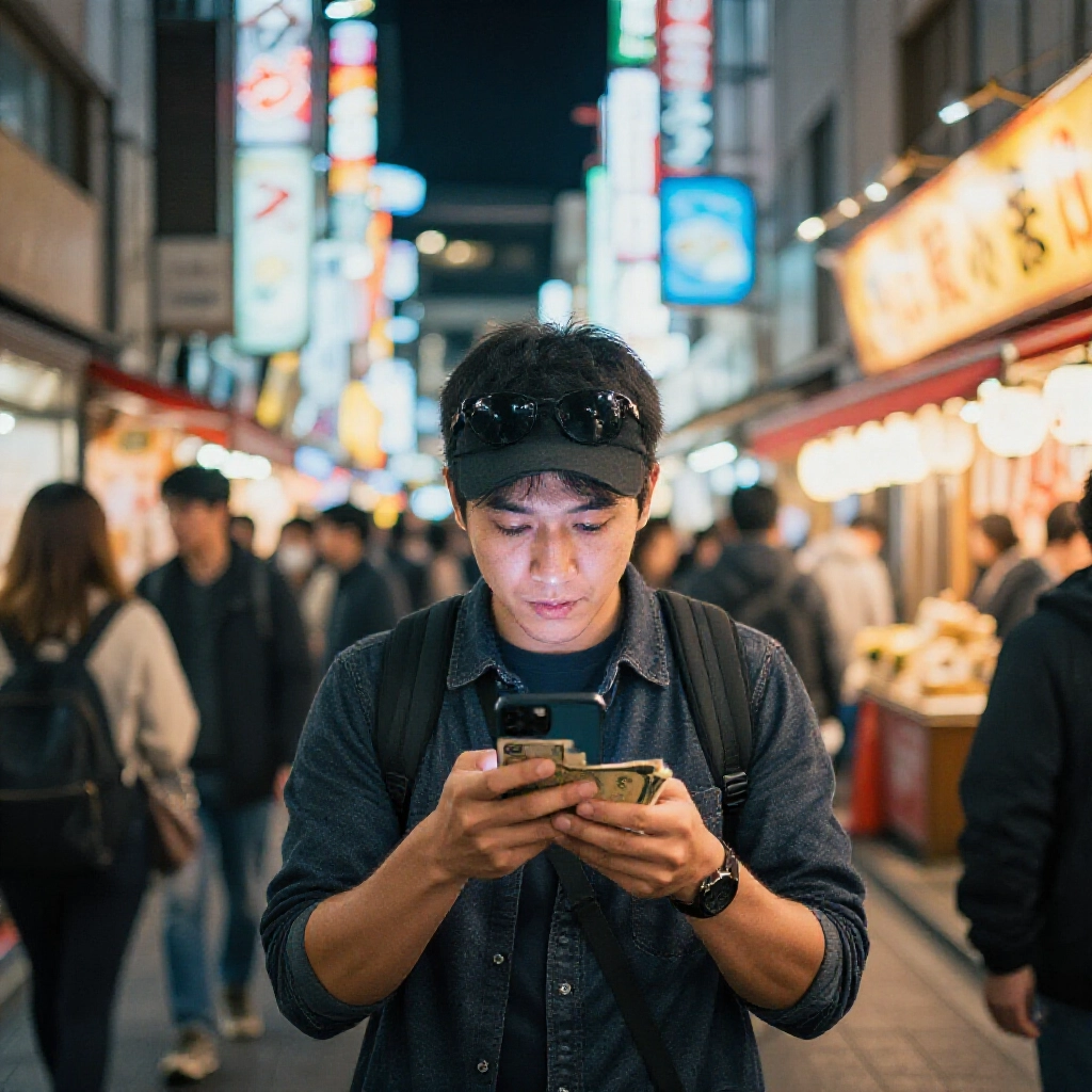 數位觀光客在東京街頭用手機為Suica加值，一手持現金，夜市燈光拉麵攤熱鬧人群活力氛圍