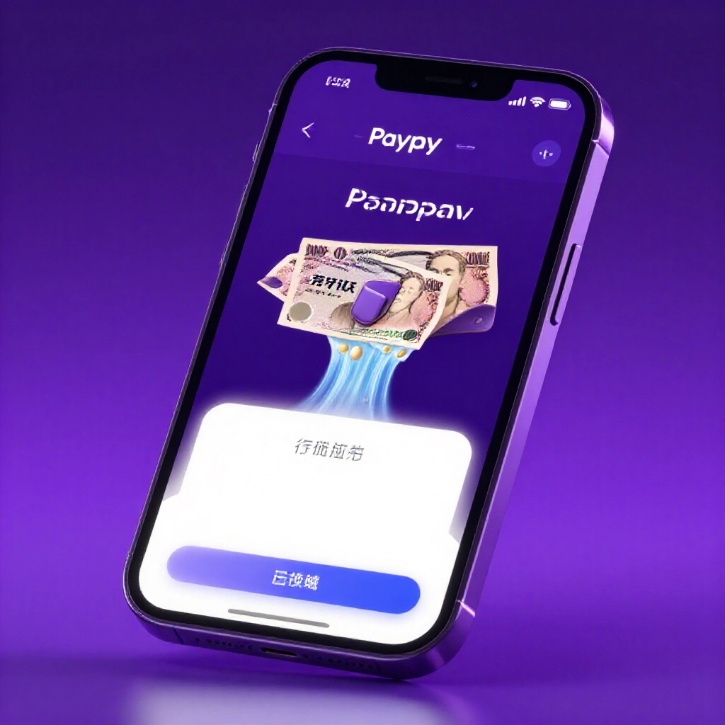 時尚手機螢幕顯示PayPay錢包介面,從台灣支付App虛擬日圓流動,未來霓虹紫色氛圍