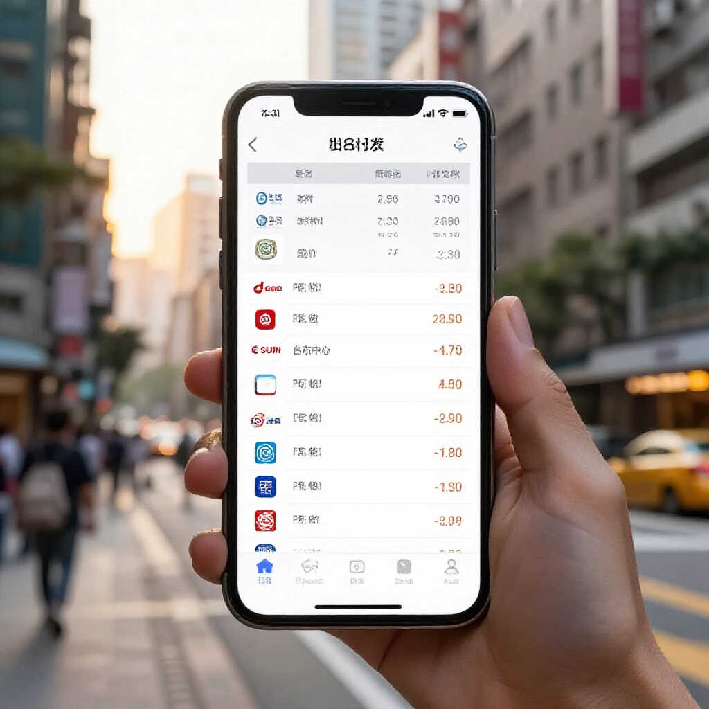 智慧手機顯示台灣銀行美金兌日幣匯率比較表,包含玉山與台新等銀行圖示,由旅客在台北街頭手持,金黃時光灑落都市天際線