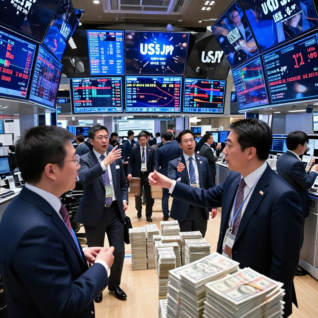 東京繁忙交易大廳，閃爍螢幕顯示美元日圓匯率上漲圖表，交易員身著西裝熱烈討論貨幣堆疊