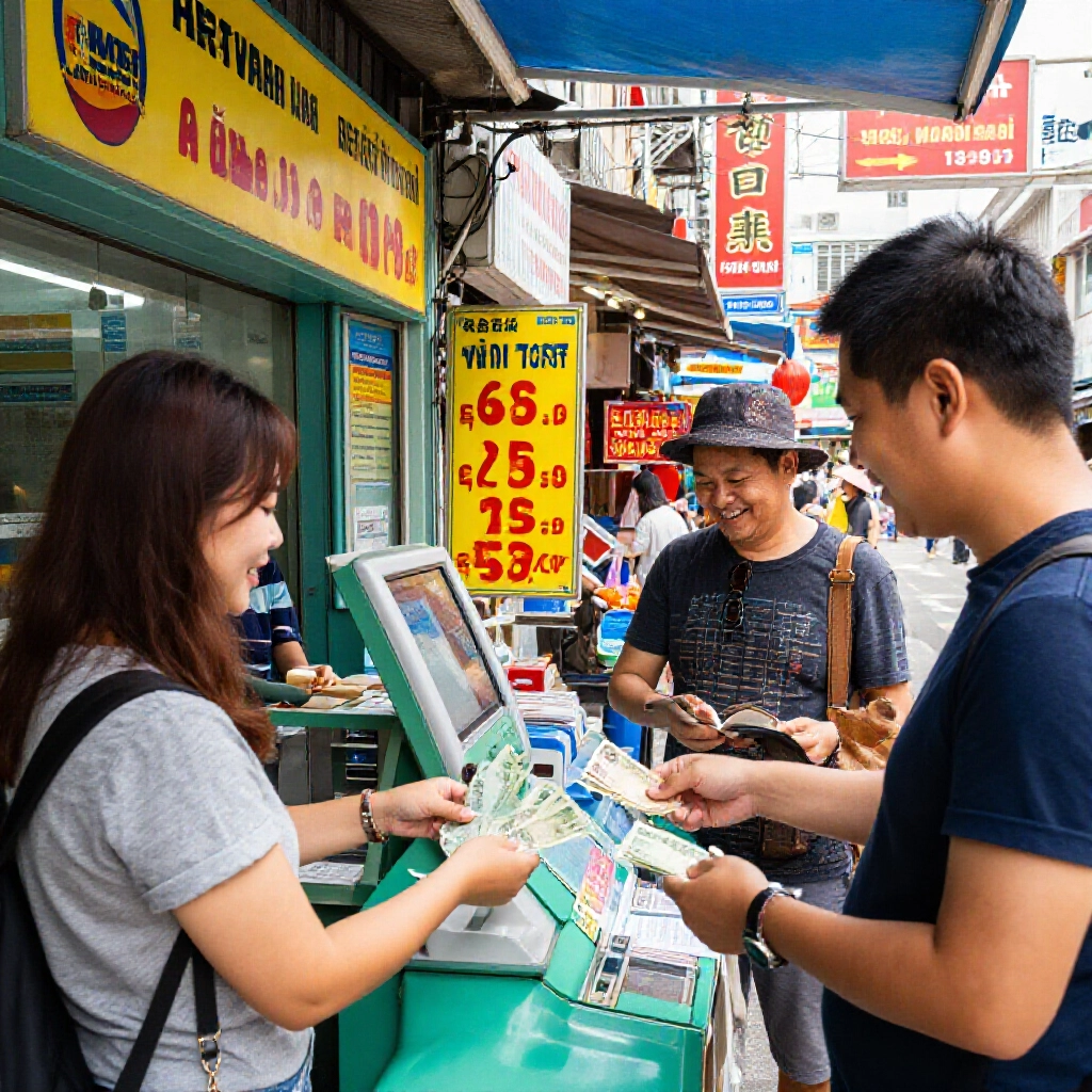 台灣熱鬧街頭市場，旅客在銀行櫃檯兌換台幣日圓匯率，陽光下色彩繽紛招牌與熱情當地人建議