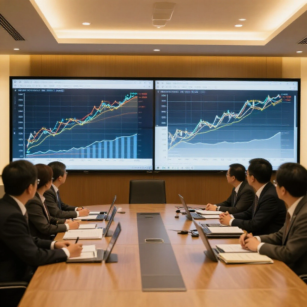 會議室高階主管分析聯準會與日銀政策圖表，大螢幕顯示利率差異與日圓美元資金流動