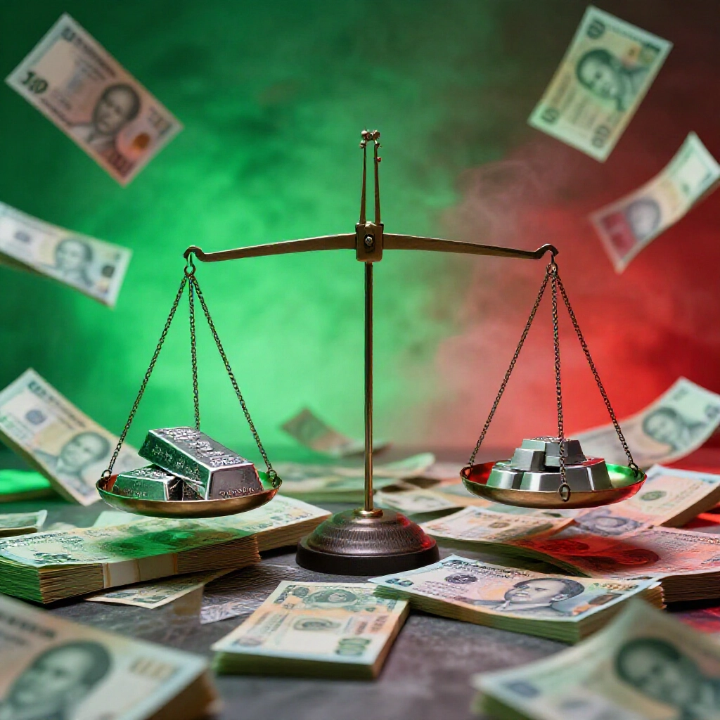 美元白銀條與新台幣堆疊的天平比較圖，匯率波浪環繞，綠紅色調戲劇性燈光