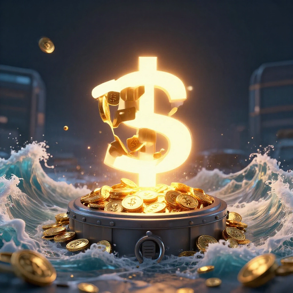 發光的金幣從爆炸倉庫圖示湧出，流入巨大保險基金金庫，周圍加密貨幣價格波動劇烈，黑暗戲劇性燈光