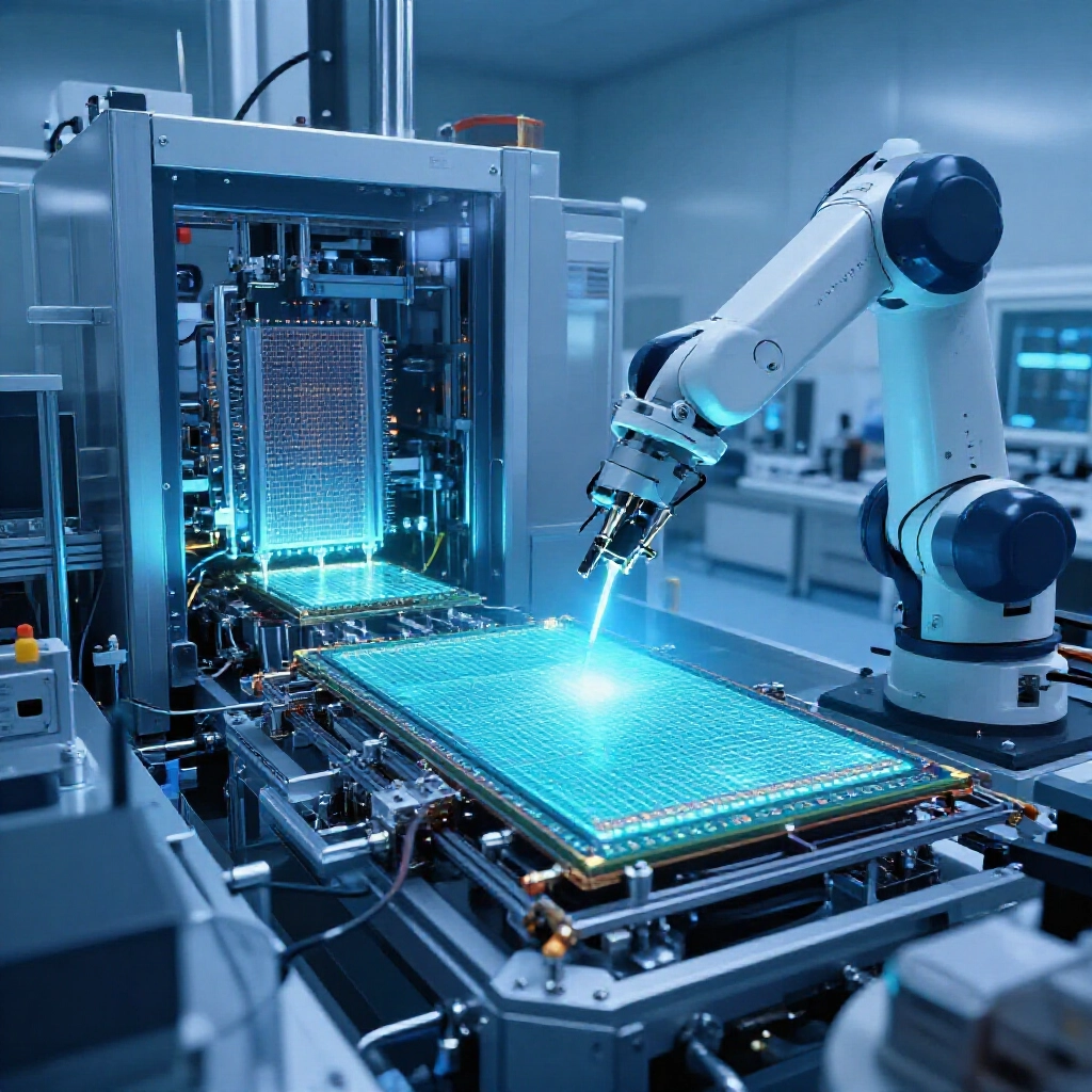 高科技半導體無塵室充滿發光矽晶圓、先進封裝機器與機械手臂,冷藍色環境光輝映照 CoWoS 產能