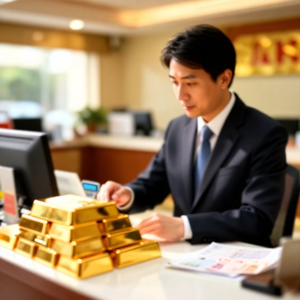 台灣銀行櫃員在櫃檯解釋美元盎司金價轉換成台幣公克，使用計算機顯示，周圍閃亮金條與鈔票溫暖銀行大廳自然日光