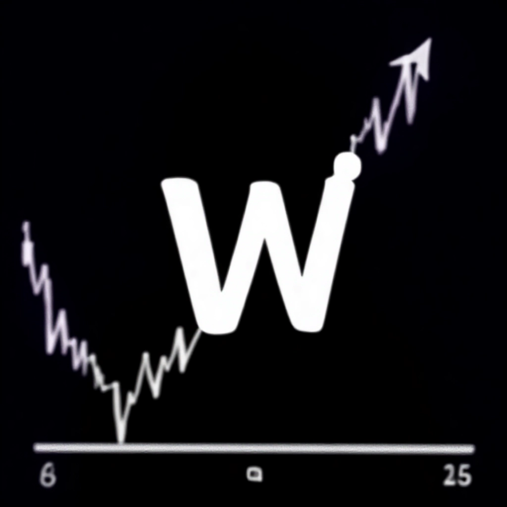 黑色背景精確測量圖示範W底目標價計算,從最低底至頸線垂直距離向上投影一比一延伸清楚標示