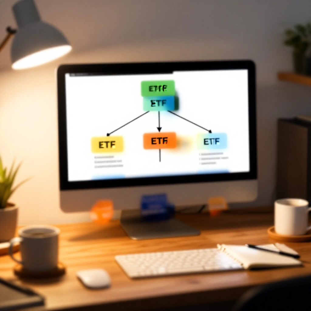 溫馨台灣居家辦公室木桌上決策樹圖，比較券商手續費與 ETF 圖表，柔和燈光旁有咖啡杯和筆記本