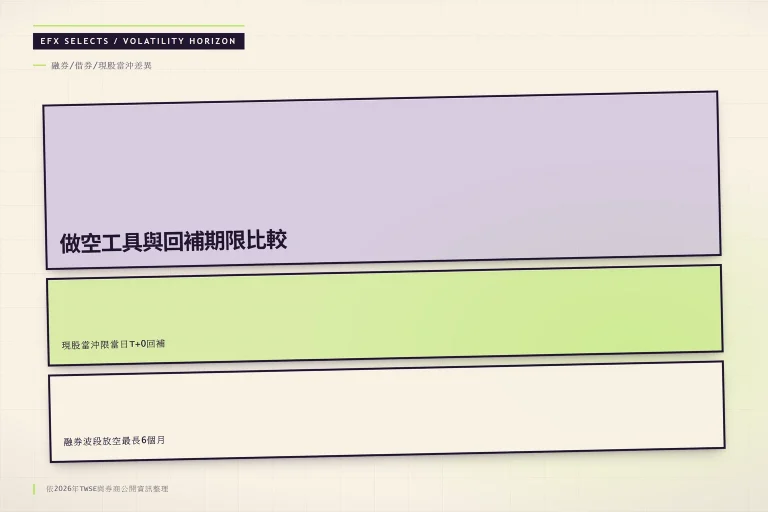 做空工具期限比較圖，對照融券波段放空與現股當沖的回補期限與成本結構