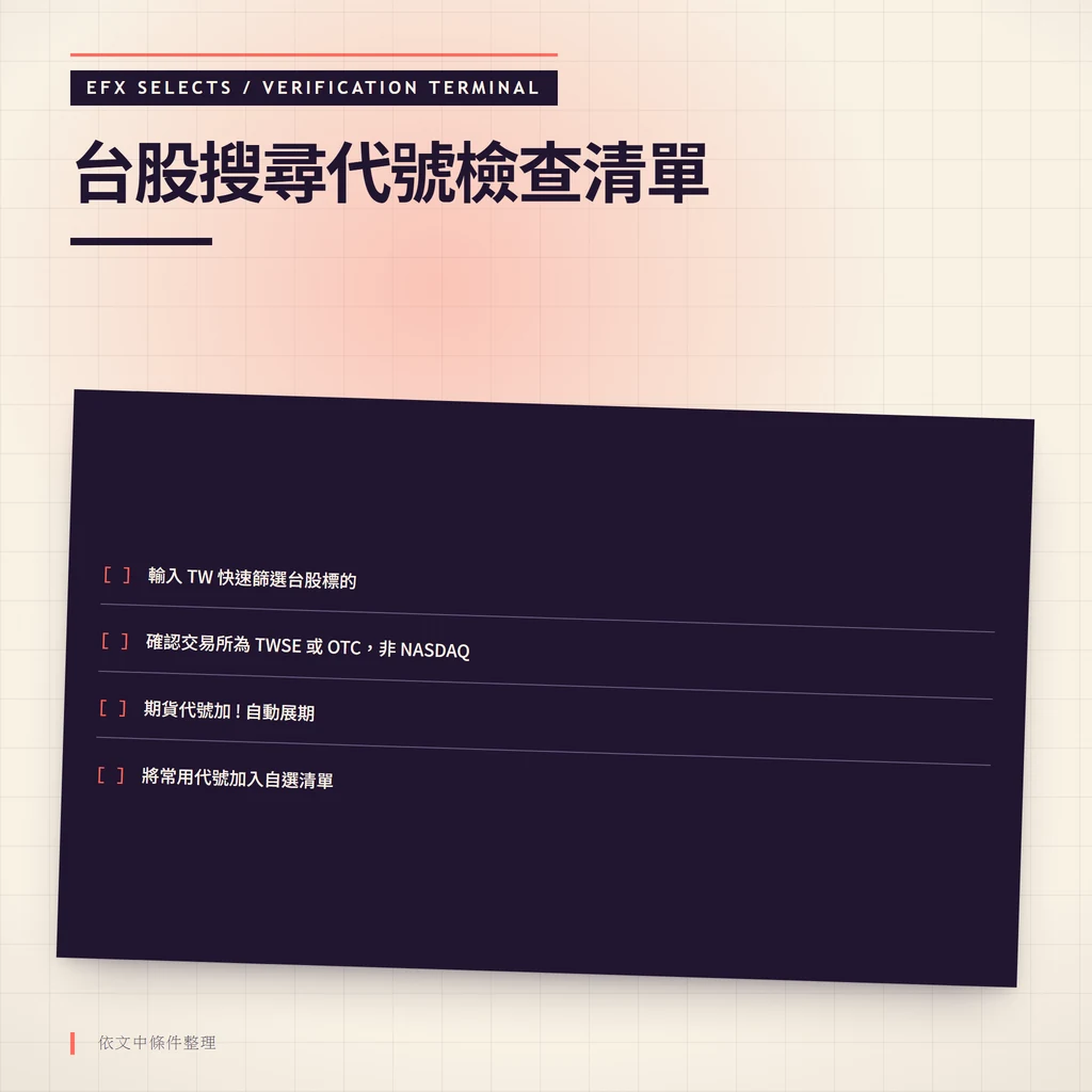 台股搜尋代號檢查四要點：善用 TW 前綴搜尋、確認交易所標示、利用驚嘆號自動展期、建立自選股清單