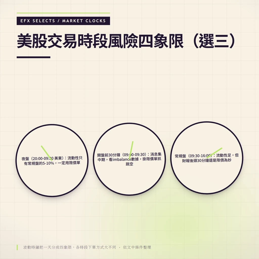 美股波動時鐘三象限圖：夜盤（流動性5-10%必用限價單）、開盤前30分鐘（看imbalance抓跳空）、常規盤（流動性足財報後用限價）