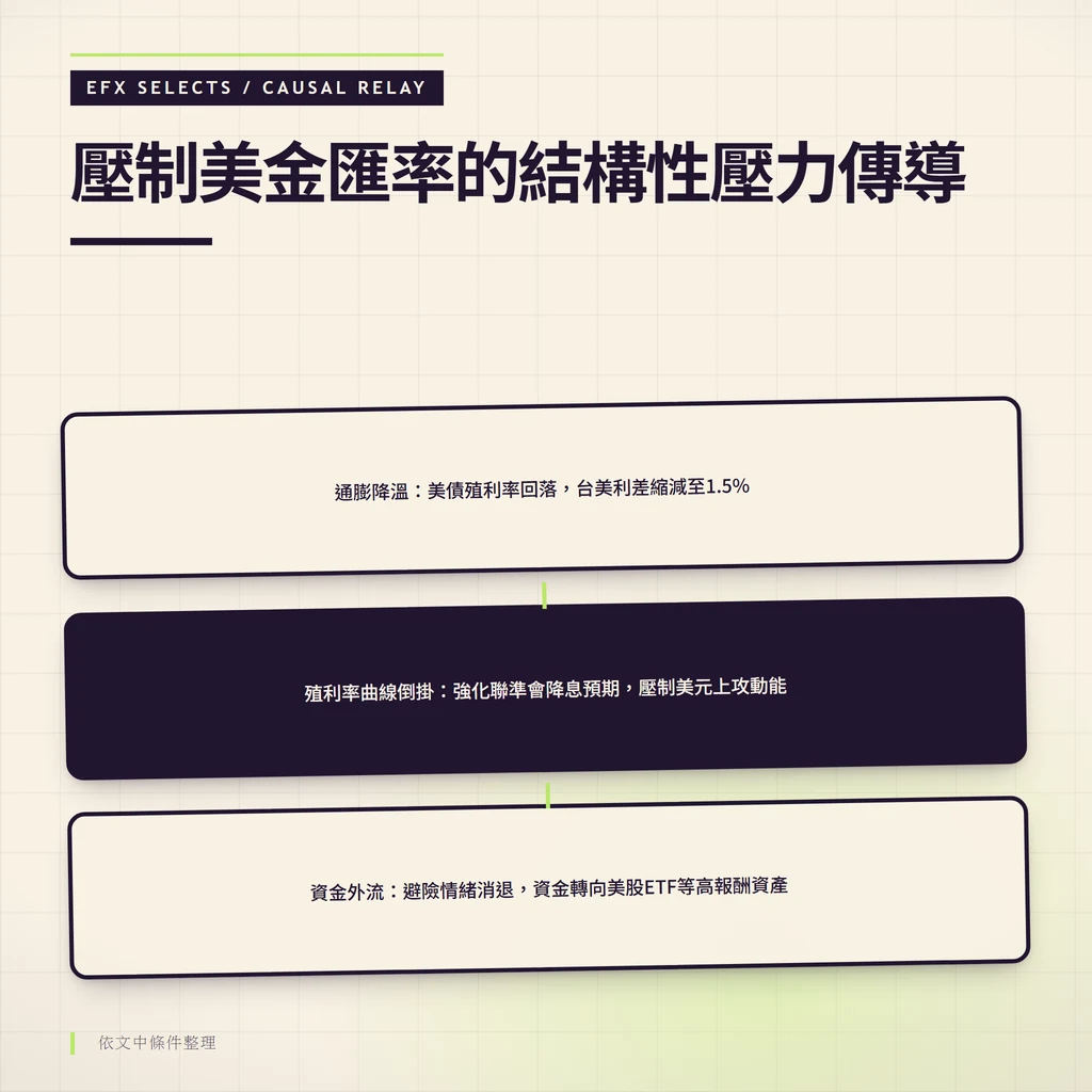 三圓因果中繼站呈現美金漲不動的三層傳導：通膨降溫導致利差縮減為因，曲線倒掛強化降息預期為機制，避險資金外流為果