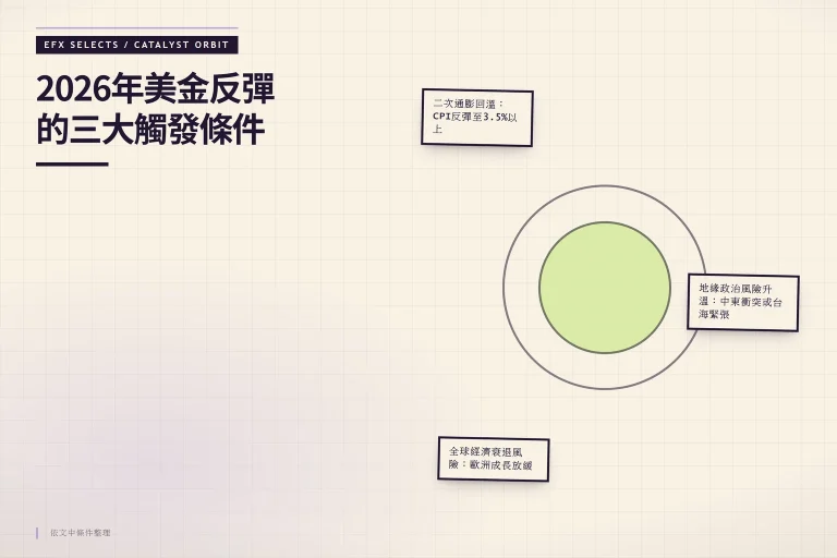 偏心三衛星雙層軌道顯示美金反彈的三大觸發條件：二次通膨、地緣政治風險與全球衰退，三項催化因素以不同軌道半徑圍繞核心命題