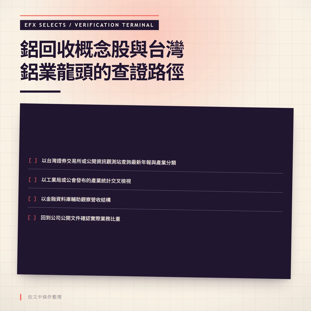深色單窗四行核對終端列出台灣鋁業龍頭查證的四個核對步驟