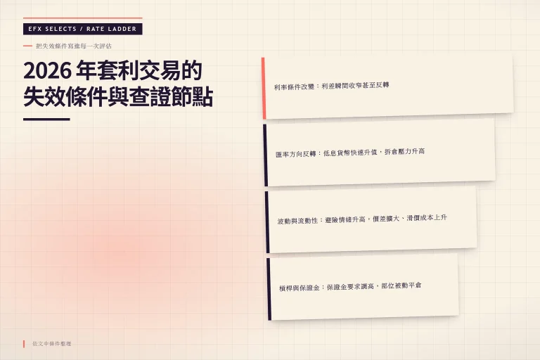 以右側四層錯位階梯呈現套利交易四項失效條件：利率改變、匯率反轉、流動性波動與槓桿保證金。