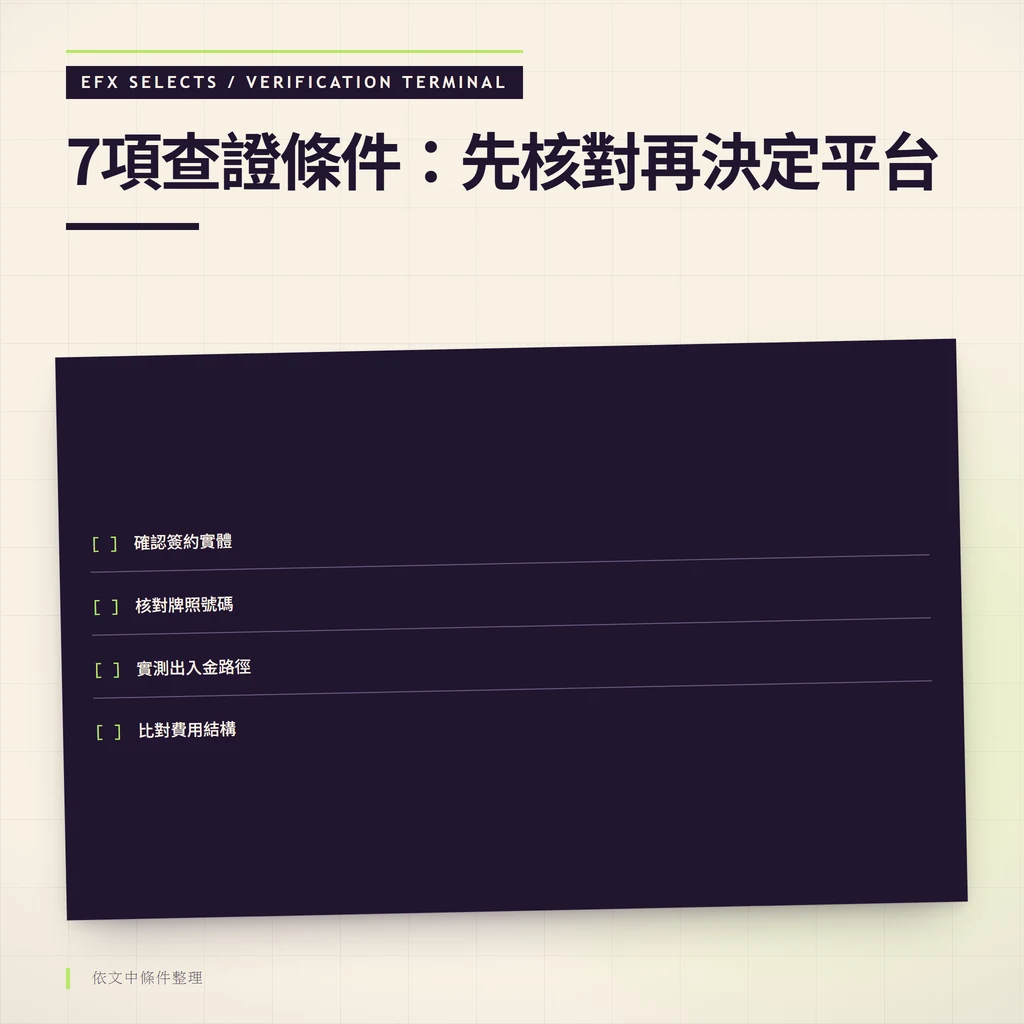 7項查證條件：先核對再決定平台：確認簽約實體、核對牌照號碼、實測出入金路徑、比對費用結構