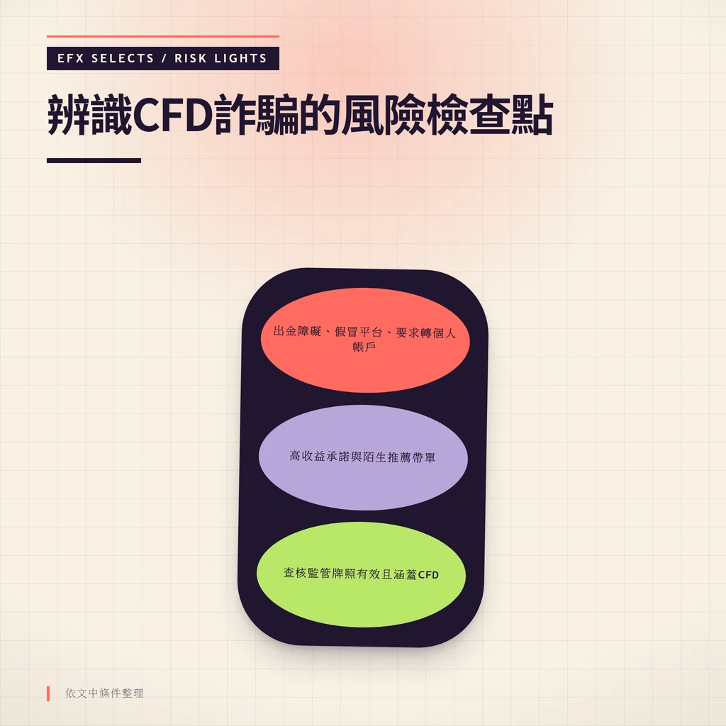 垂直三燈風險筒以通過、警戒與停止三種狀態標示辨識CFD詐騙的檢查點