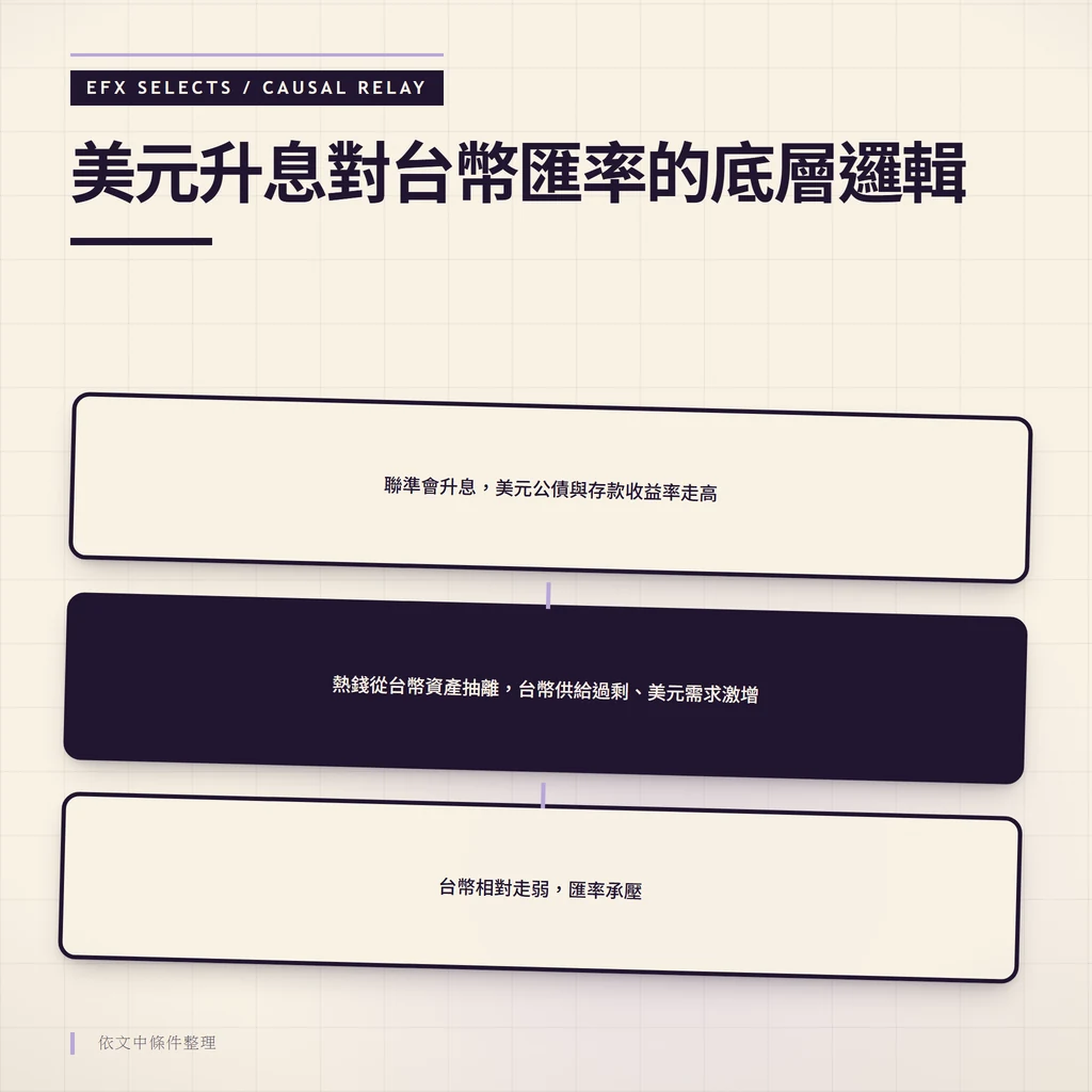 美元升息對台幣匯率影響的因果中繼站資訊圖，以三圓節點呈現資金流動、供需失衡與台幣走弱的路徑