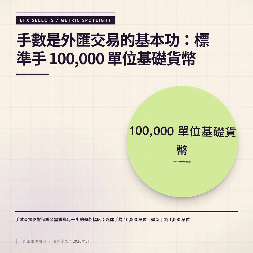 外匯手數規格對照:標準手 100,000 單位基礎貨幣、迷你手 10,000 單位、微型手 1,000 單位(外匯市場慣例)
