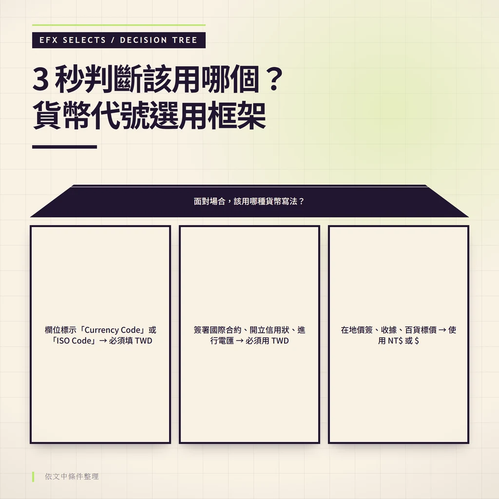 決策樹資訊圖依場合指引使用 TWD、NT$ 或 $ 的三條判斷路徑