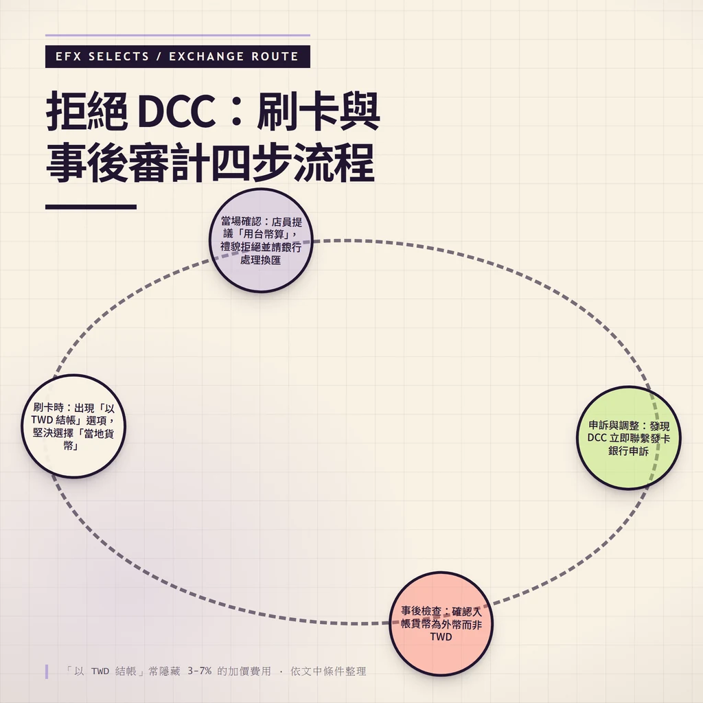 換匯路徑圖:刷卡拒絕以 TWD 結帳並選擇當地貨幣的四步驟流程