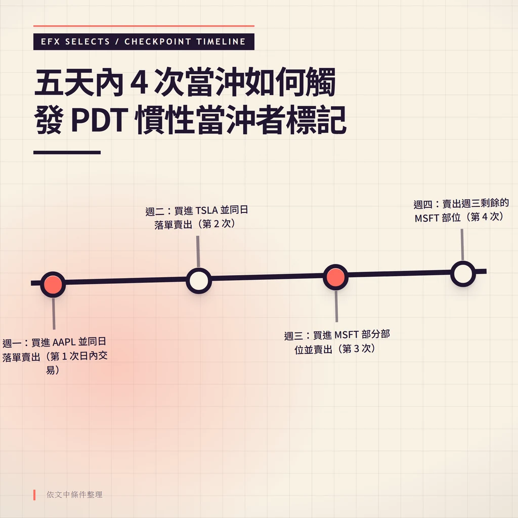 單軌時間線依週一到週四標記第 1 至第 4 次日內交易，呈現五天內觸發 PDT 慣性當沖者標記的過程