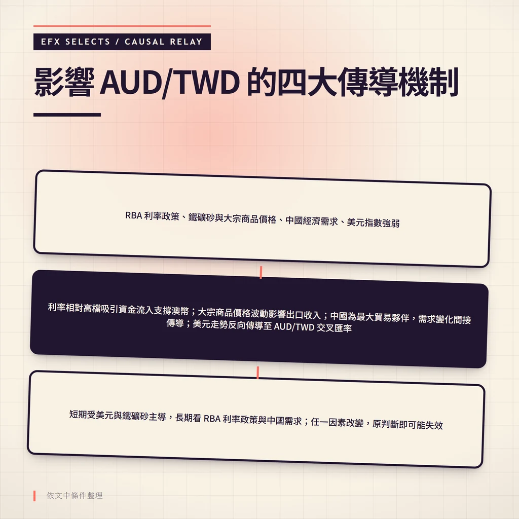三圓因果中繼站：左側原因標示四大因子，中間機制顯示傳導路徑，右側結果呈現短期長期雙時程判斷