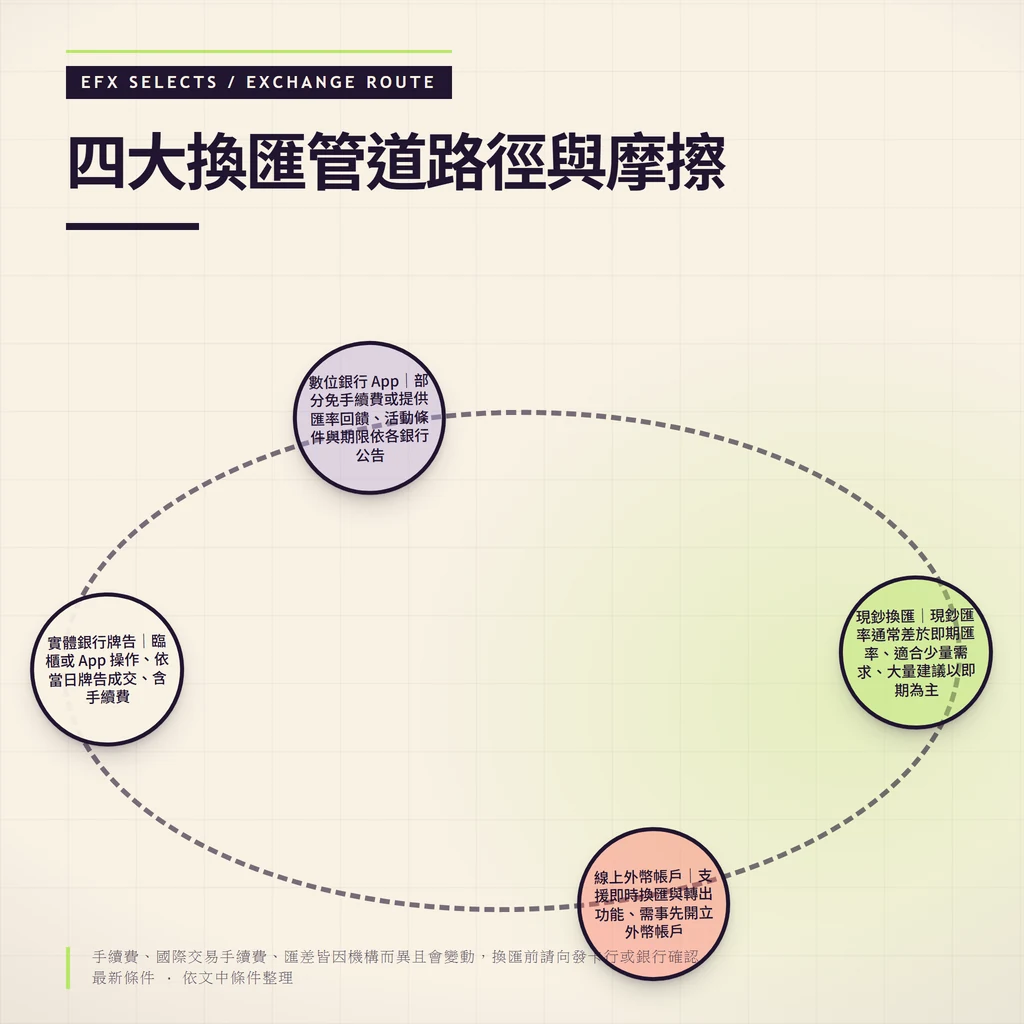 橢圓虛線四站換匯路徑：實體銀行、數位銀行 App、線上外幣帳戶、現鈔，各站標示成本特徵與限制