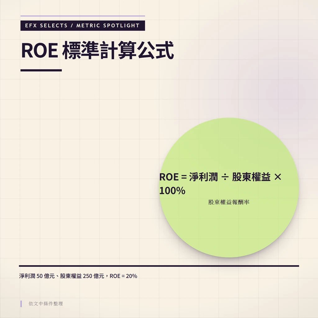 越界大圓單指標資訊圖,聚焦 ROE 標準計算公式:淨利潤 ÷ 股東權益 × 100%,並以淨利潤 50 億元、股東權益 250 億元算出 ROE 20%。