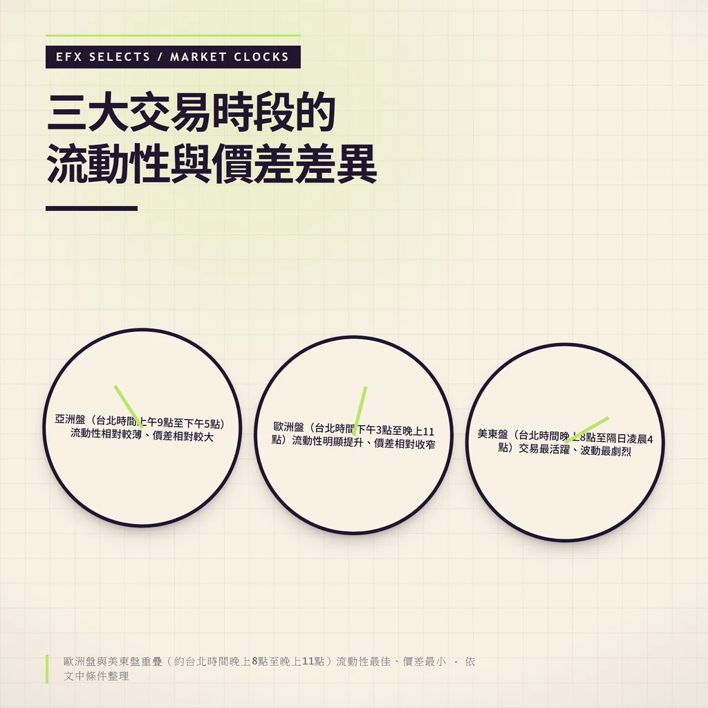 三枚並列異角度市場鐘，分別標示亞洲盤、歐洲盤與美東盤的台北時間區間、流動性與價差特徵，並註記重疊時段