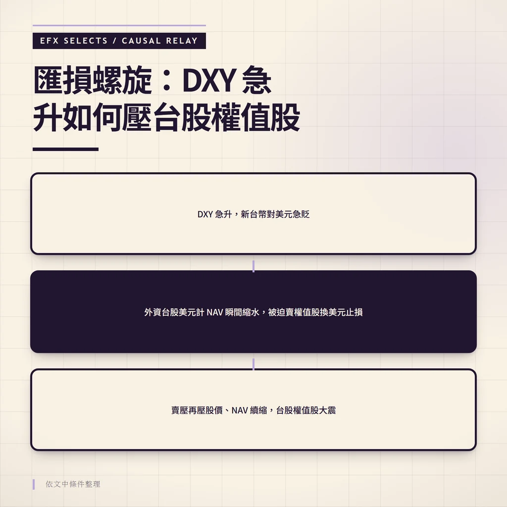 匯損螺旋因果圖：DXY急升導致新台幣急貶，外資被迫賣台股權值股換美元的傳導鏈
